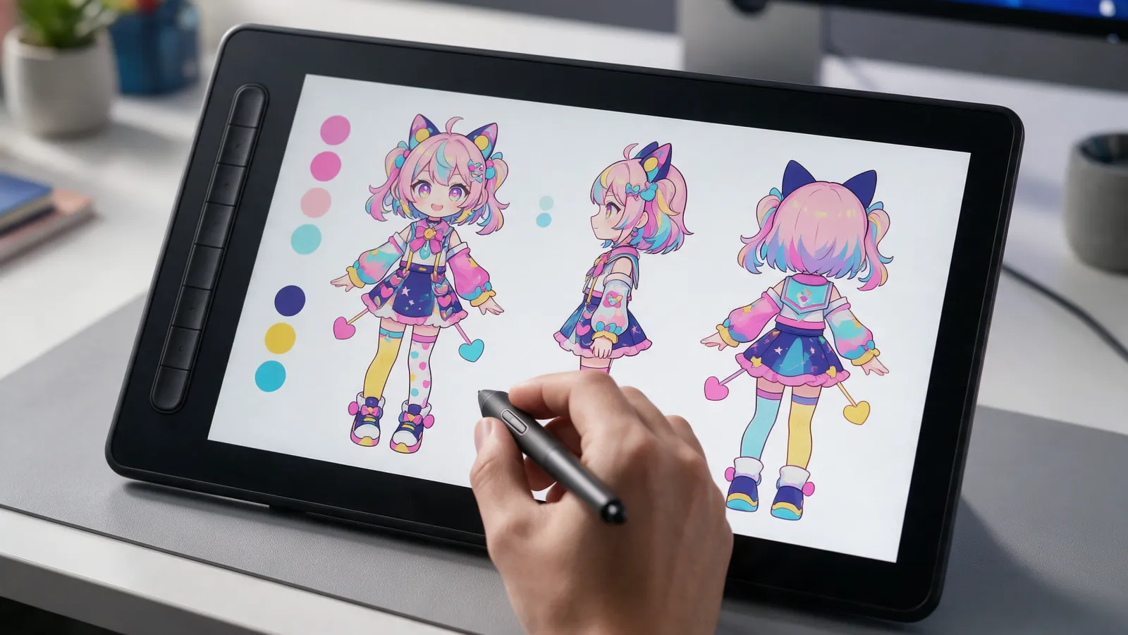 concept art ตัวละคร VTuber หลายมุมบนแท็บเล็ตวาดภาพ