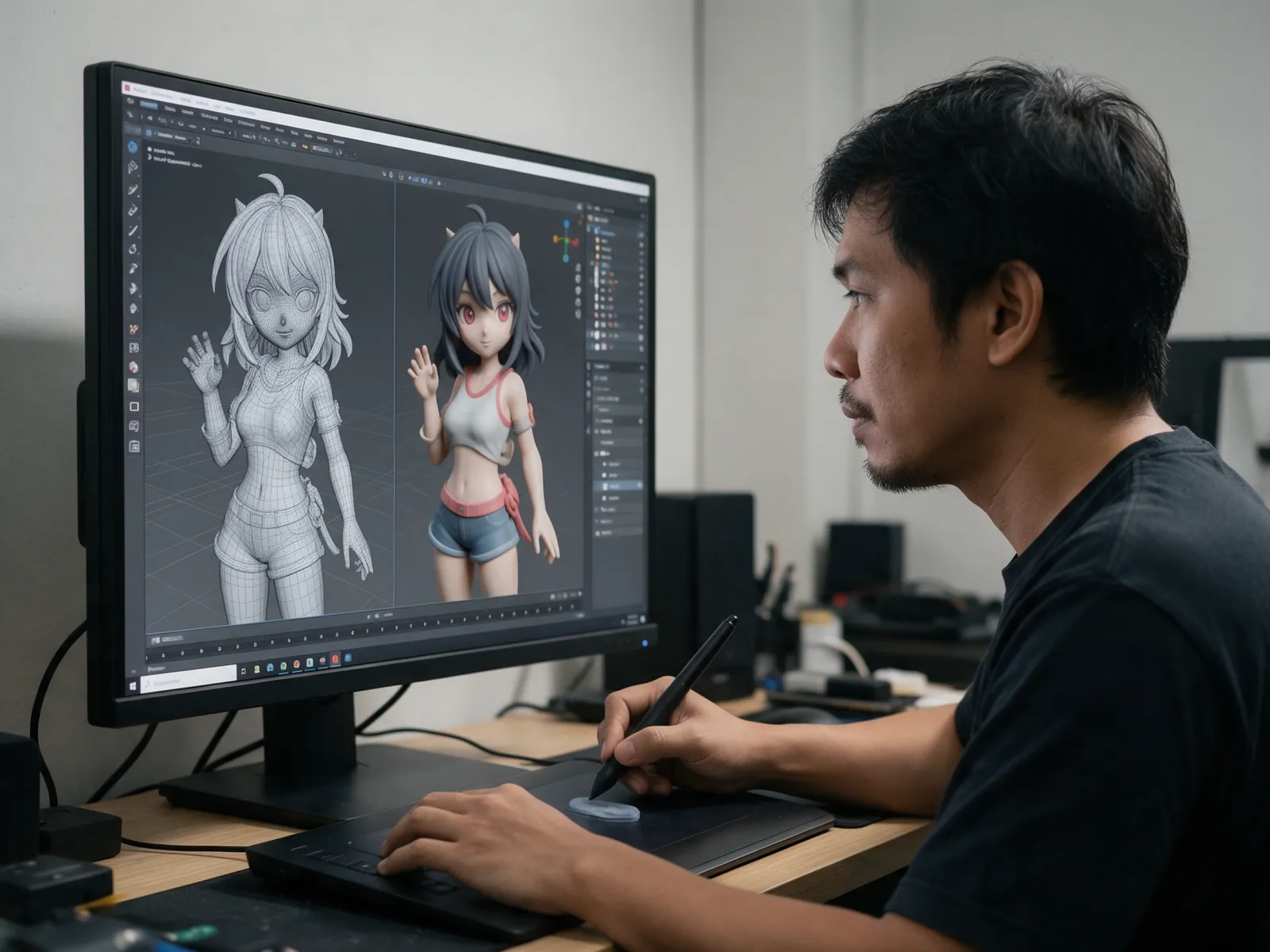 ศิลปินปั้นโมเดลตัวละคร 3D บนจอคอมพิวเตอร์